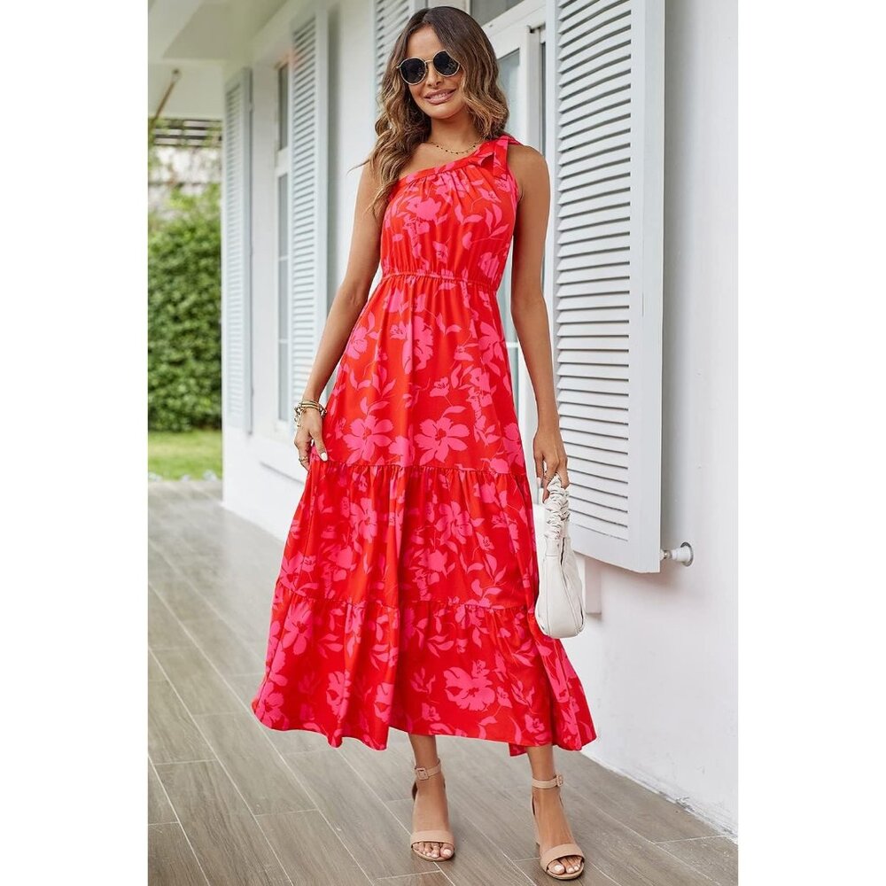 Womens 2024 Floral Knot One Shoulder Sleeveless Ruffle Boho Dress - Picture 2 of 9